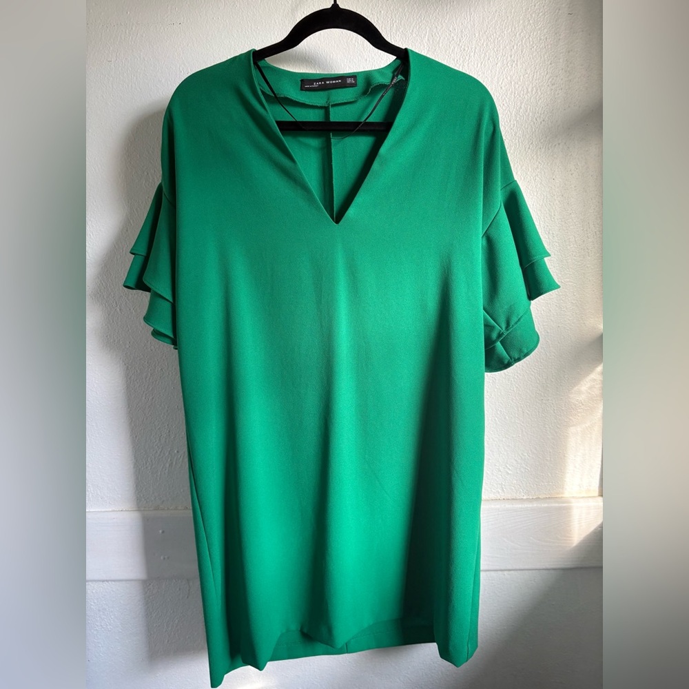 Zara Woman Emerald Green Ruffle Sleeve Mini Dress | Size M